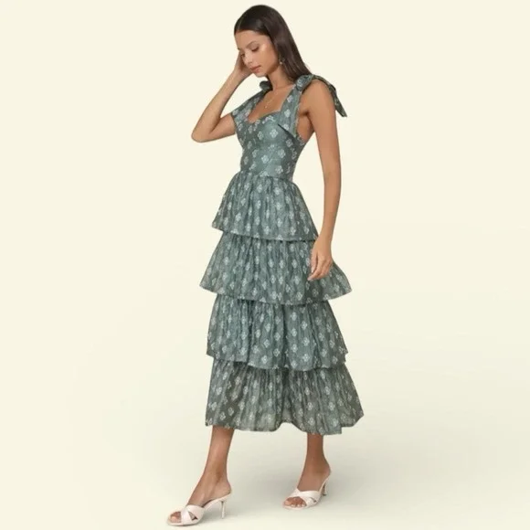 NWT Lulus Gorgeous Excellence Green Floral Burnout Tiered Midi Dress XL Coquette - Picture 3 of 9